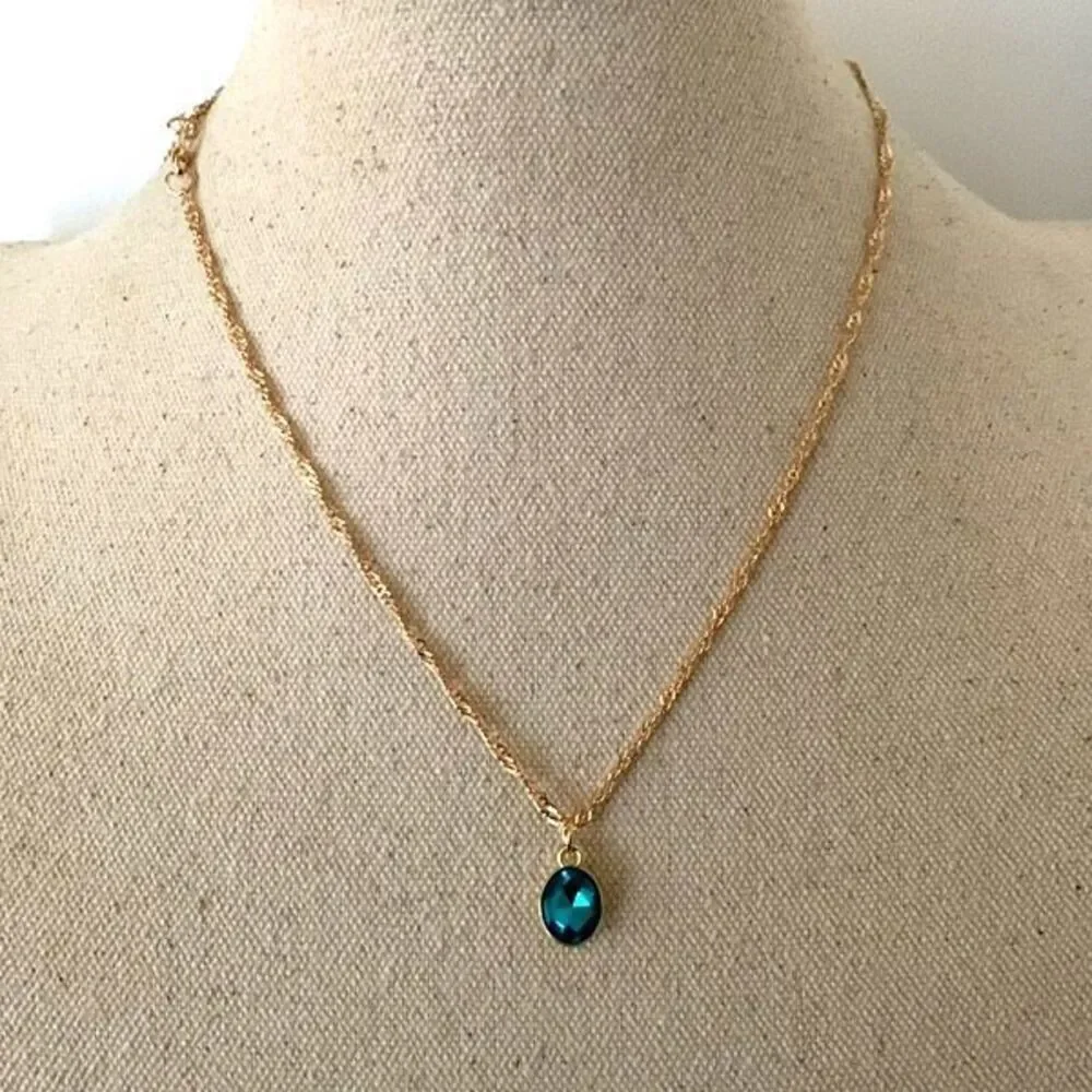 Aquamarine Blue Oval Pendant Necklace - Ocean Blue - Art Deco Style